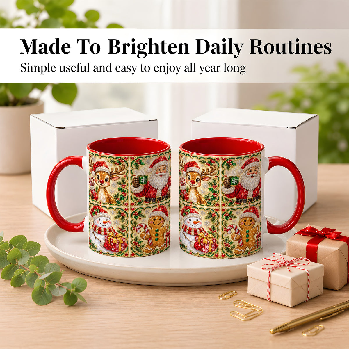 #pl[11oz|Red] Jeweled Holiday Friends Coffee Mug, Christmas Mug, Ceramic Cup