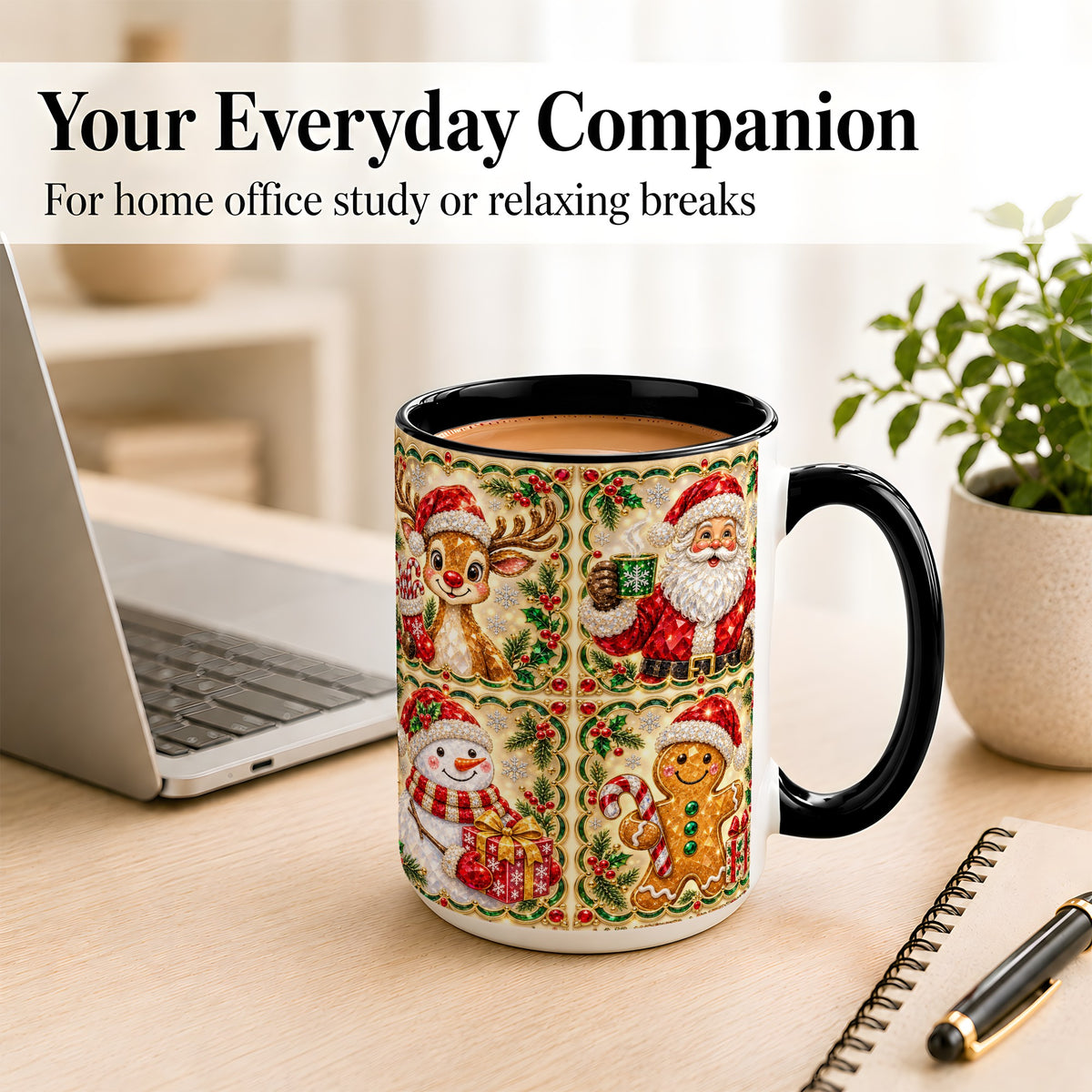 #pl[15oz|Black] Jeweled Holiday Friends Coffee Mug, Christmas Mug, Ceramic Cup