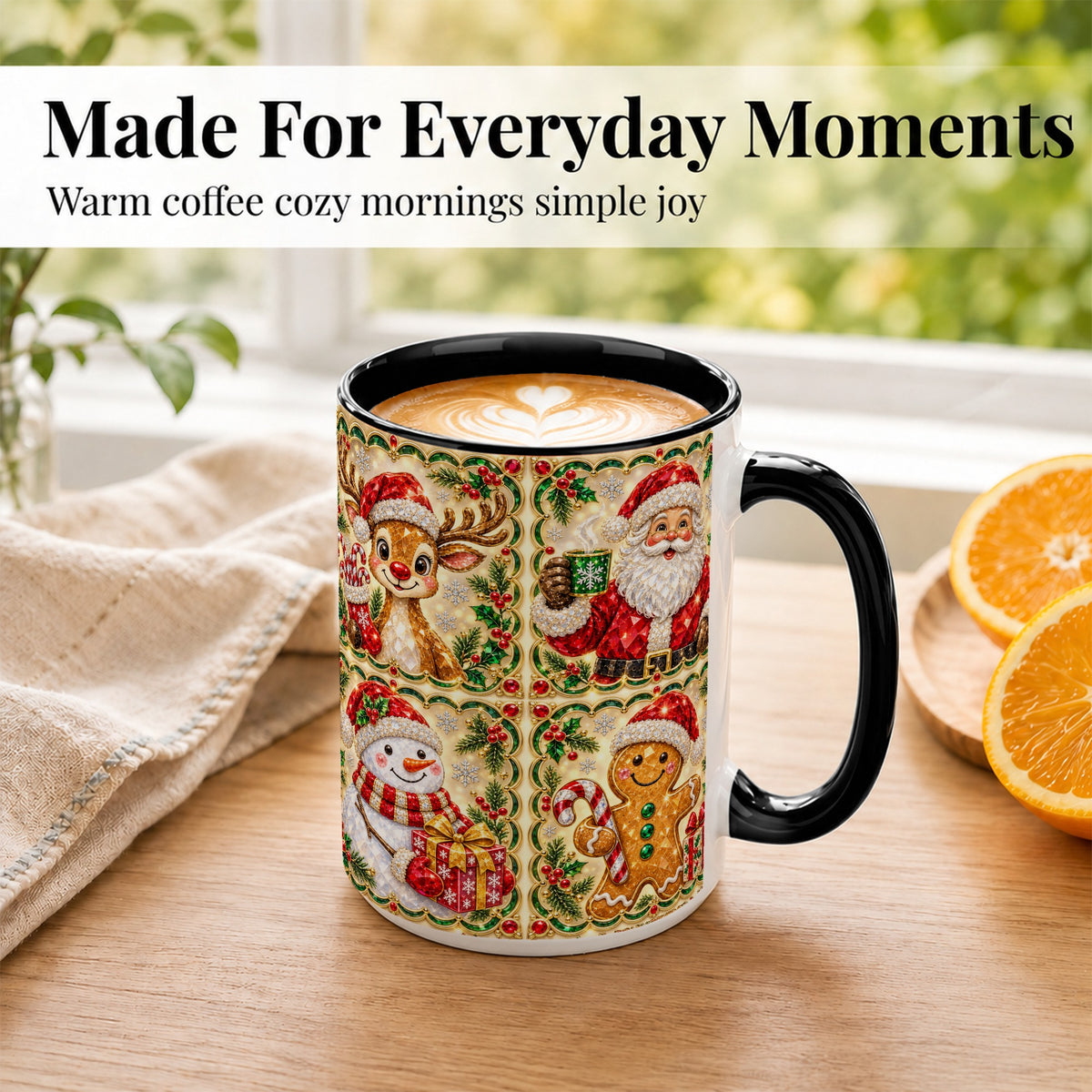 #pl[15oz|Black] Jeweled Holiday Friends Coffee Mug, Christmas Mug, Ceramic Cup