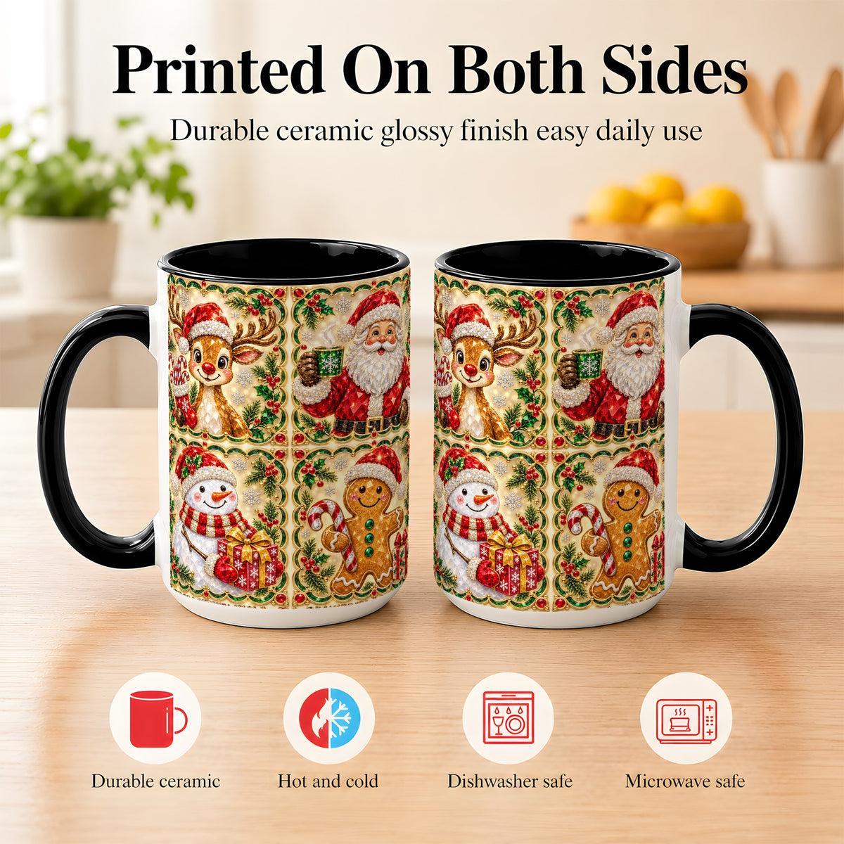 #pl[15oz|Black] Jeweled Holiday Friends Coffee Mug, Christmas Mug, Ceramic Cup