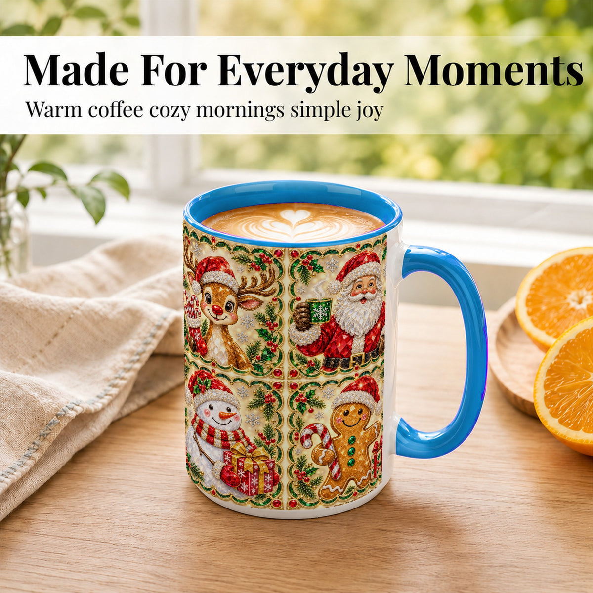 #pl[15oz|Blue] Jeweled Holiday Friends Coffee Mug, Christmas Mug, Ceramic Cup