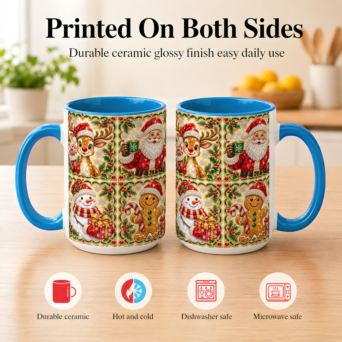 #pl[15oz|Blue] Jeweled Holiday Friends Coffee Mug, Christmas Mug, Ceramic Cup