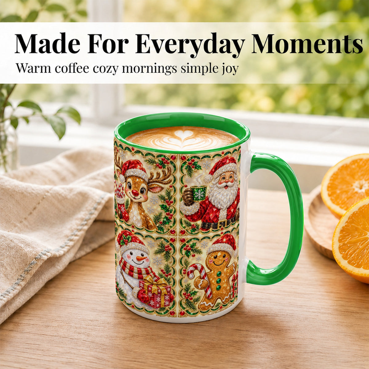 #pl[15oz|Green] Jeweled Holiday Friends Coffee Mug, Christmas Mug, Ceramic Cup