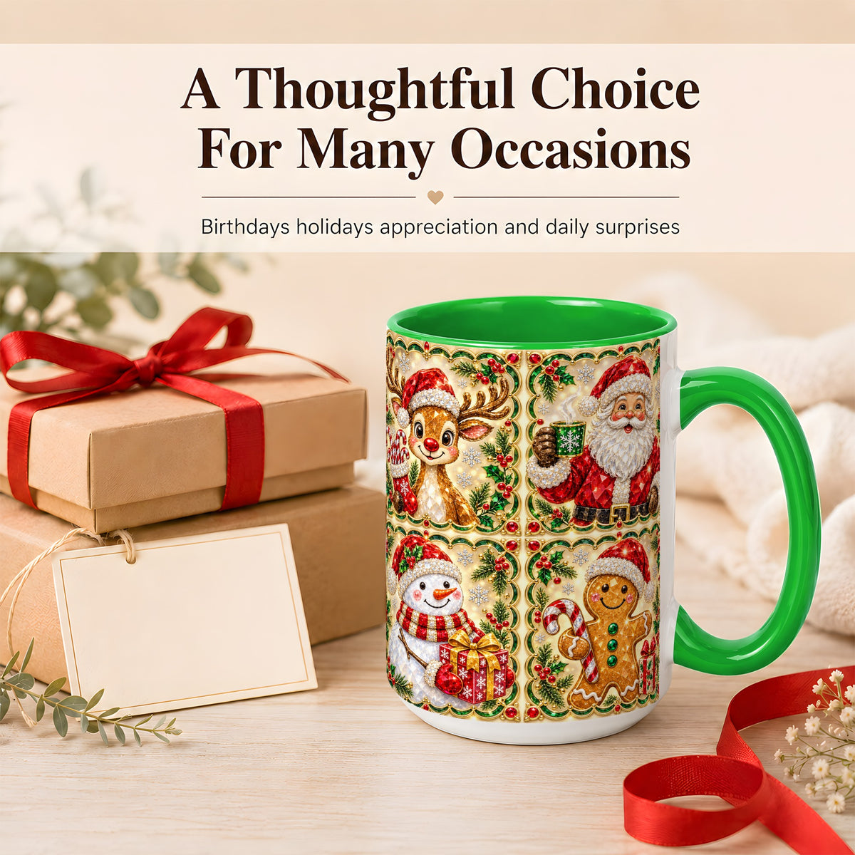 #pl[15oz|Green] Jeweled Holiday Friends Coffee Mug, Christmas Mug, Ceramic Cup