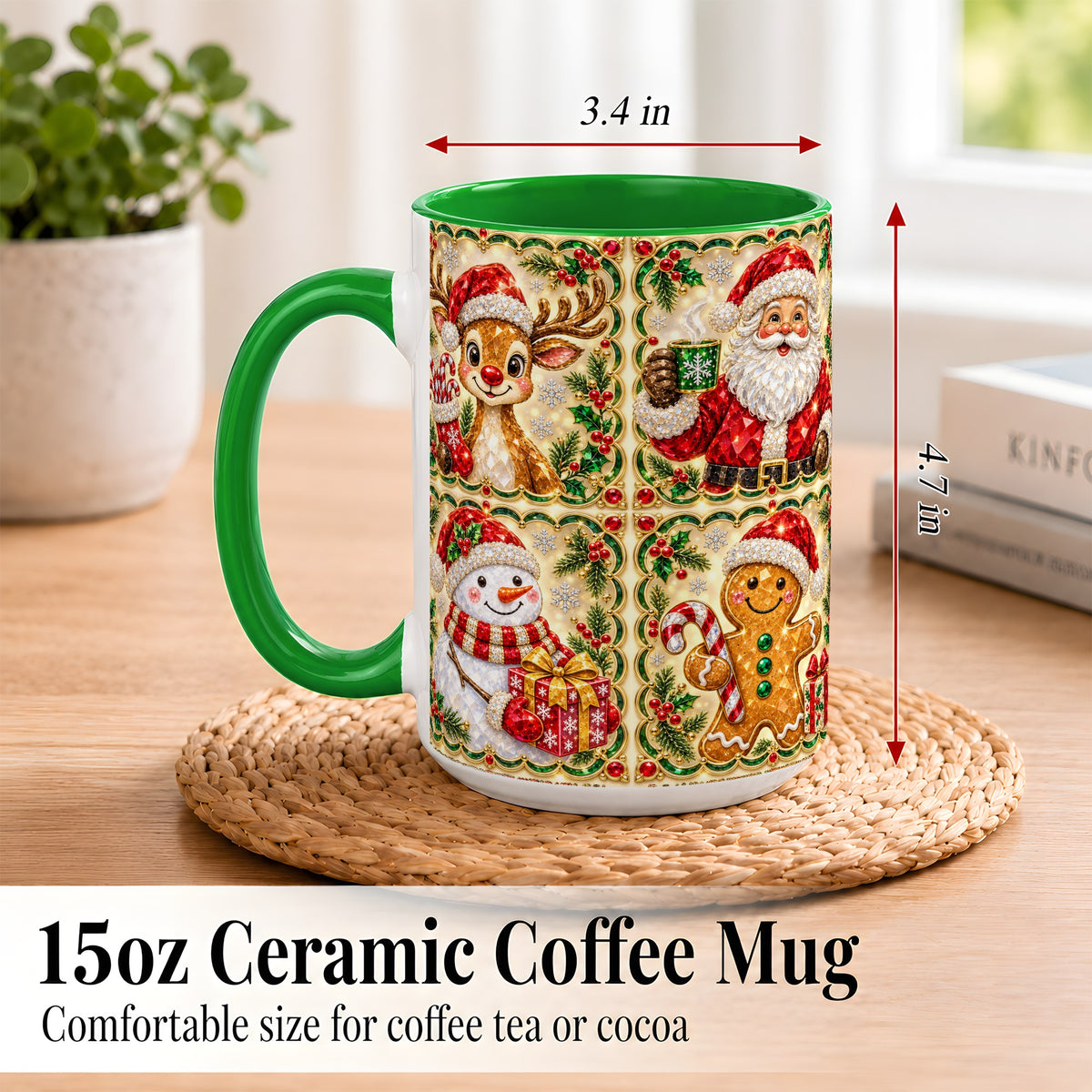 #pl[15oz|Green] Jeweled Holiday Friends Coffee Mug, Christmas Mug, Ceramic Cup