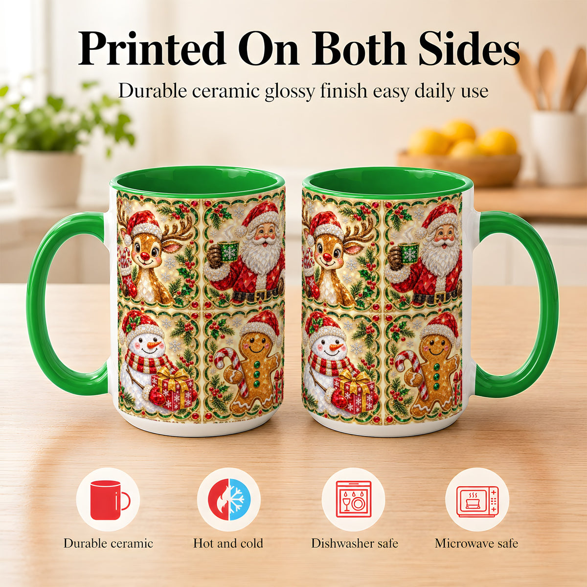 #pl[15oz|Green] Jeweled Holiday Friends Coffee Mug, Christmas Mug, Ceramic Cup