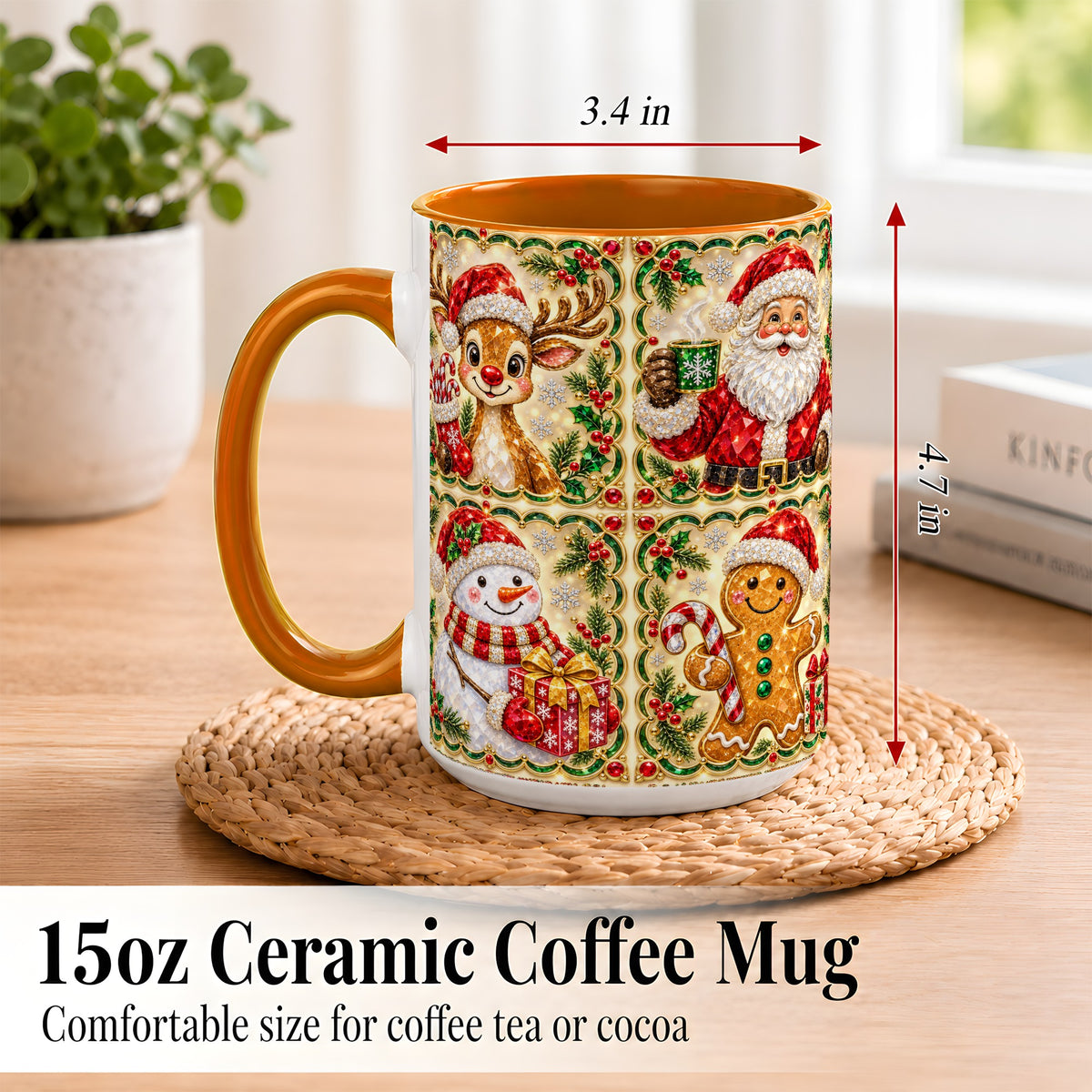 #pl[15oz|Orange] Jeweled Holiday Friends Coffee Mug, Christmas Mug, Ceramic Cup
