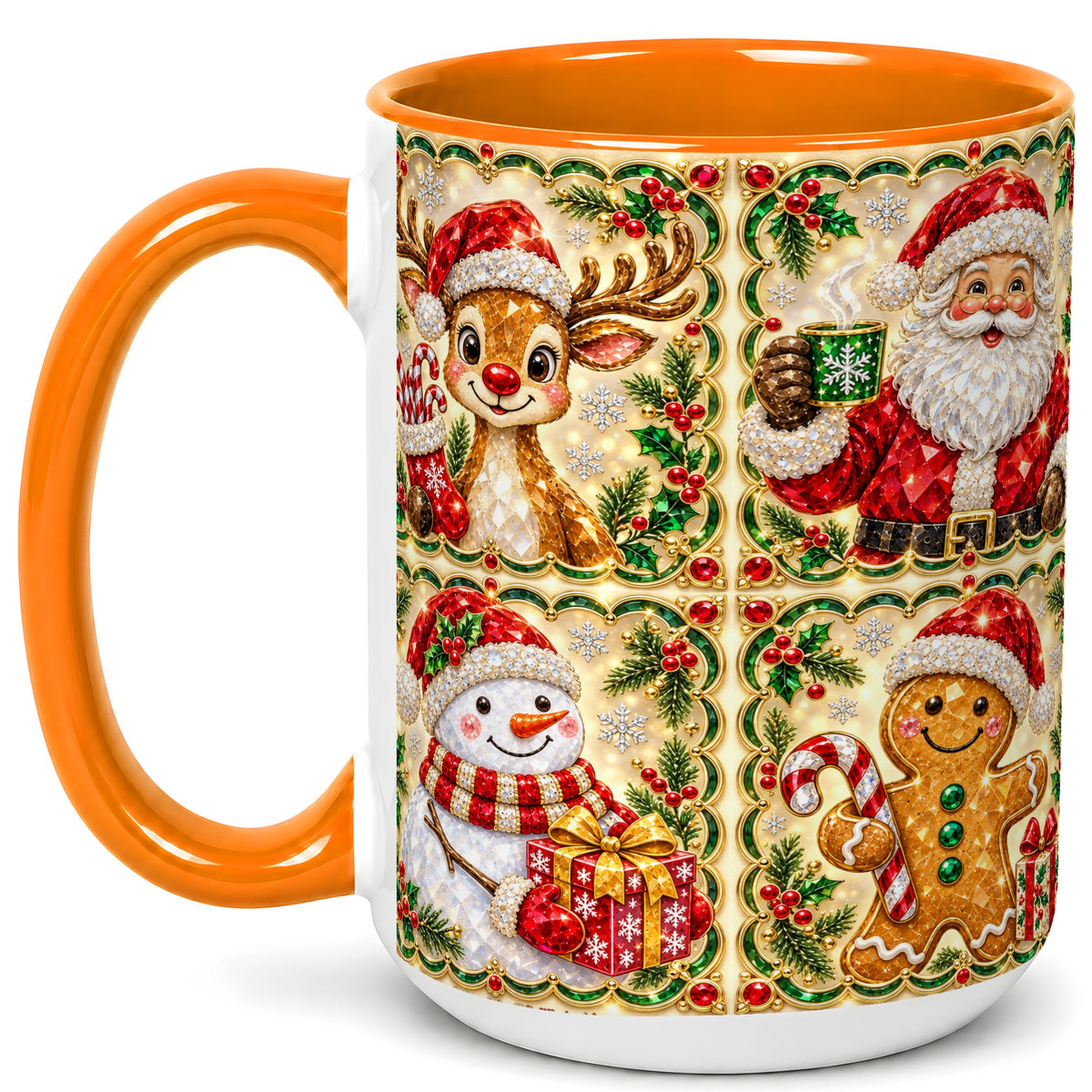 #pl[15oz|Orange] Jeweled Holiday Friends Coffee Mug, Christmas Mug, Ceramic Cup