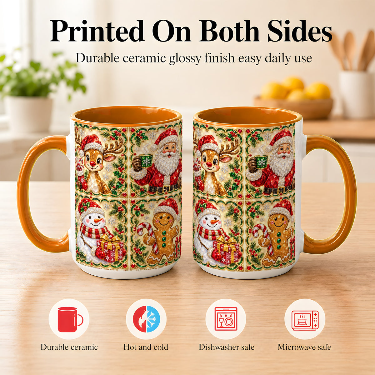 #pl[15oz|Orange] Jeweled Holiday Friends Coffee Mug, Christmas Mug, Ceramic Cup