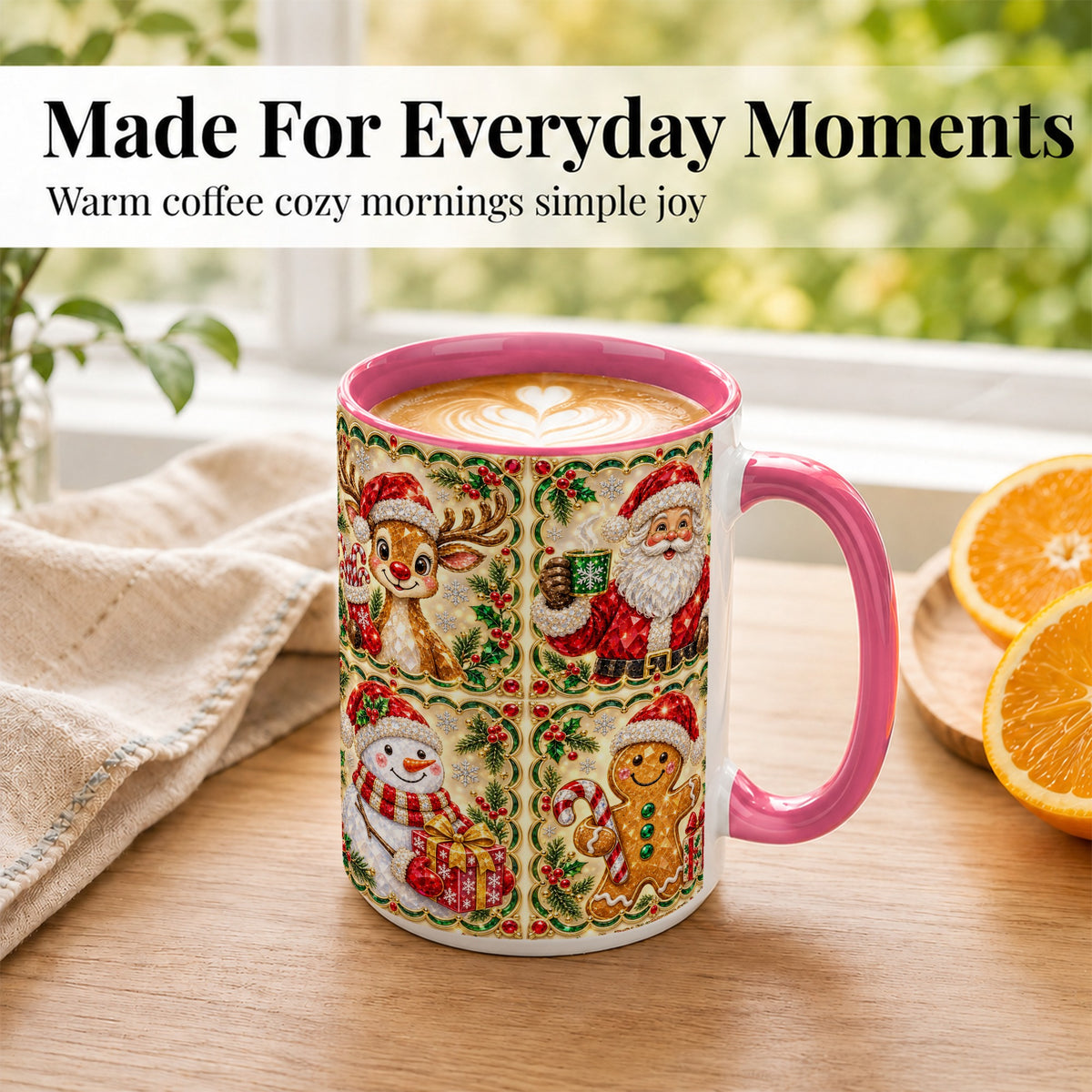 #pl[15oz|Pink] Jeweled Holiday Friends Coffee Mug, Christmas Mug, Ceramic Cup