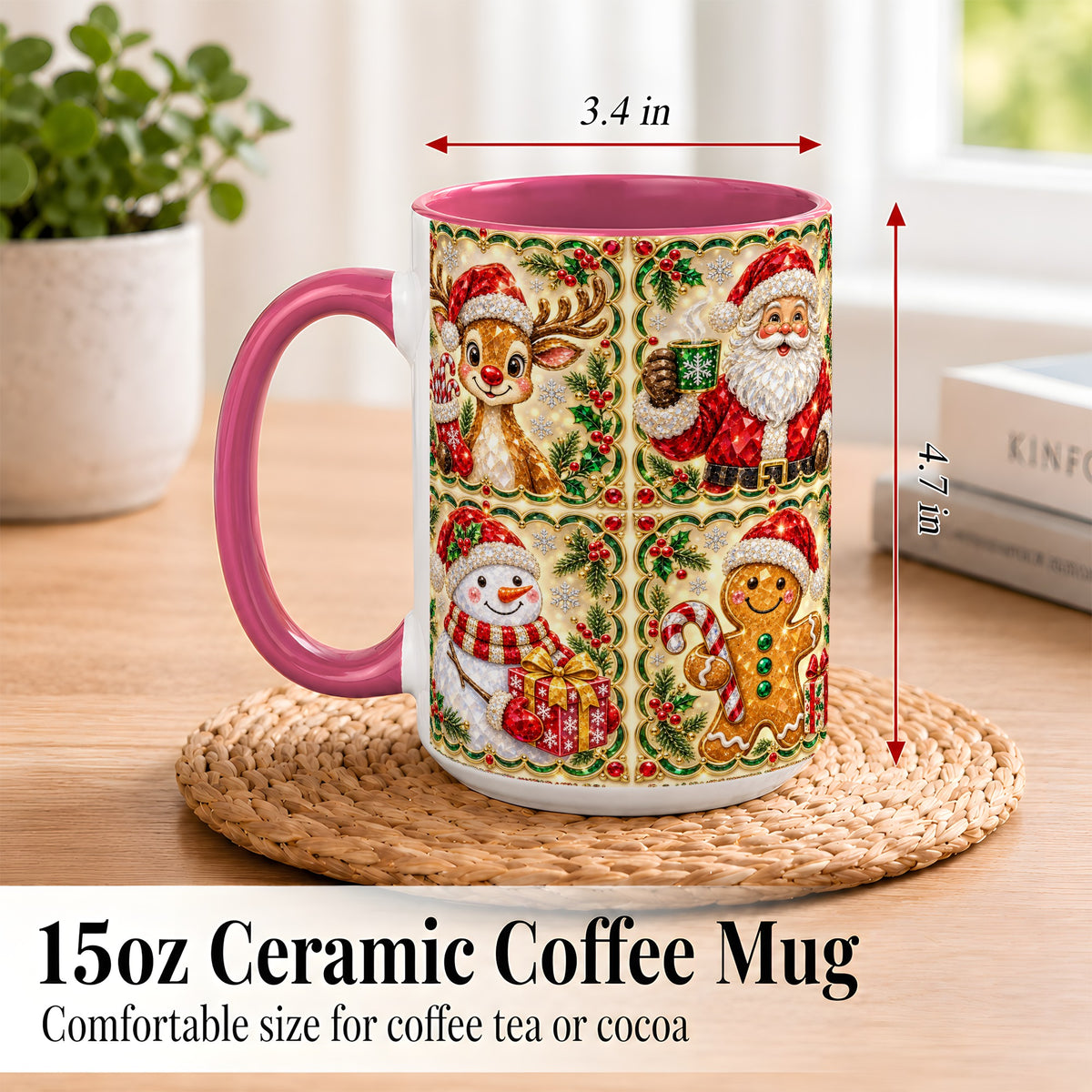 #pl[15oz|Pink] Jeweled Holiday Friends Coffee Mug, Christmas Mug, Ceramic Cup