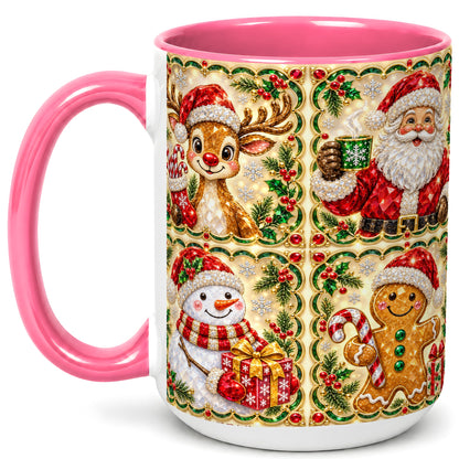 #pl[15oz|Pink] Jeweled Holiday Friends Coffee Mug, Christmas Mug, Ceramic Cup