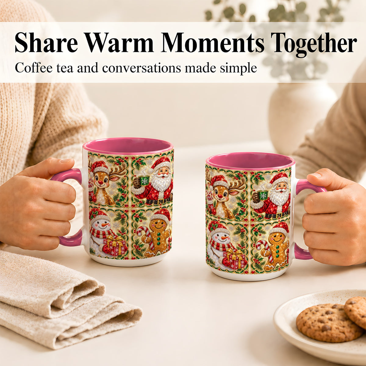 #pl[15oz|Pink] Jeweled Holiday Friends Coffee Mug, Christmas Mug, Ceramic Cup