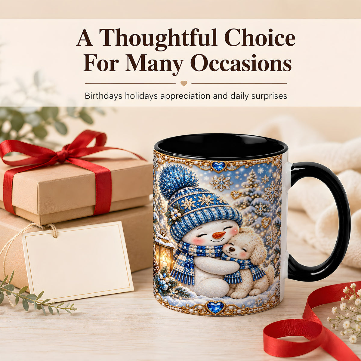 #pl[11oz|Black] Blue Snowman Dog Coffee Mug, Winter Mug, Ceramic Cup