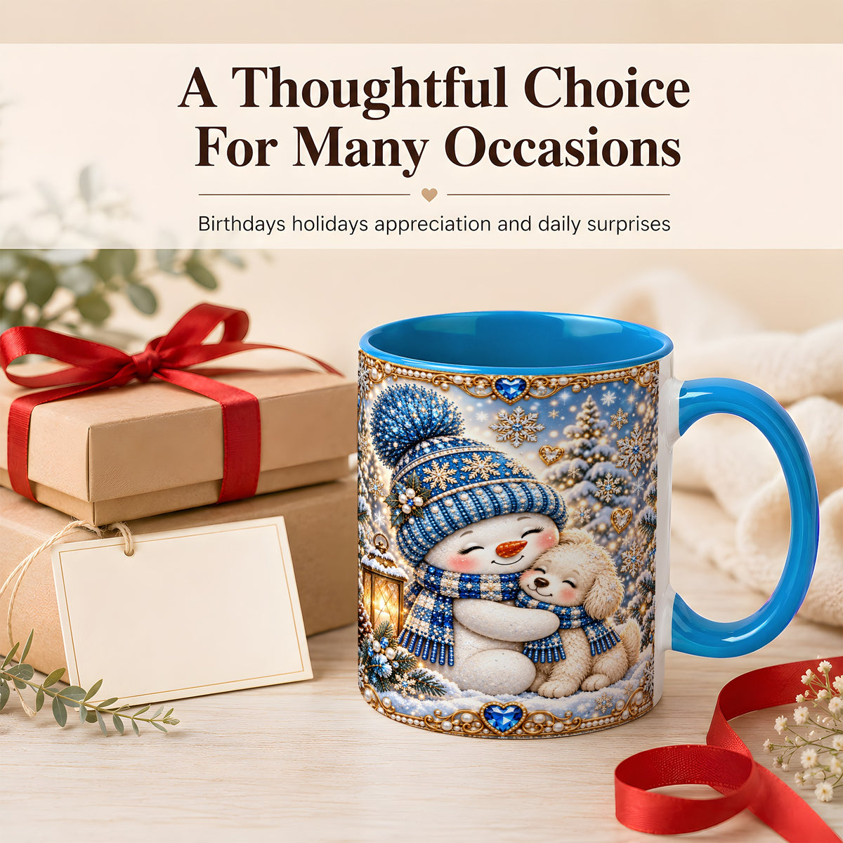 #pl[11oz|Blue] Blue Snowman Dog Coffee Mug, Winter Mug, Ceramic Cup