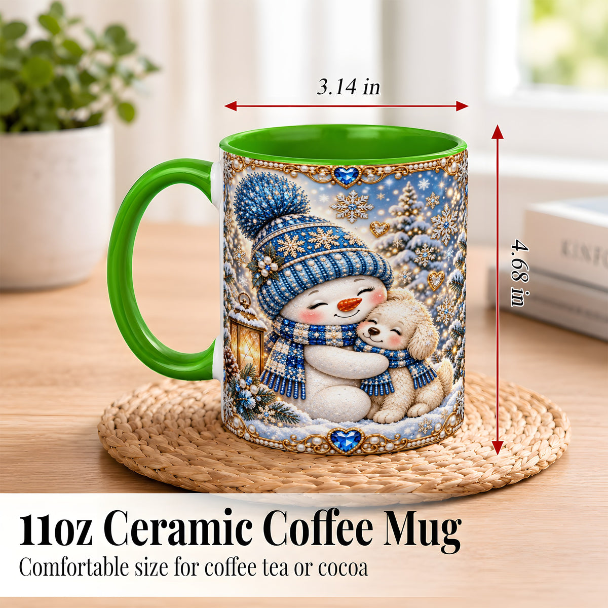 #pl[11oz|Green] Blue Snowman Dog Coffee Mug, Winter Mug, Ceramic Cup