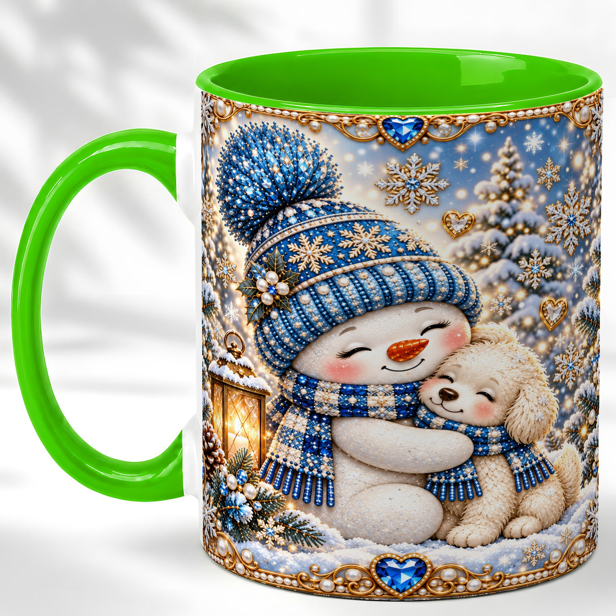 #pl[11oz|Green] Blue Snowman Dog Coffee Mug, Winter Mug, Ceramic Cup