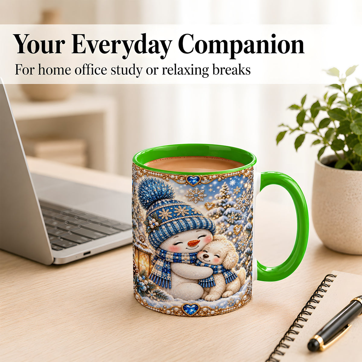 #pl[11oz|Green] Blue Snowman Dog Coffee Mug, Winter Mug, Ceramic Cup