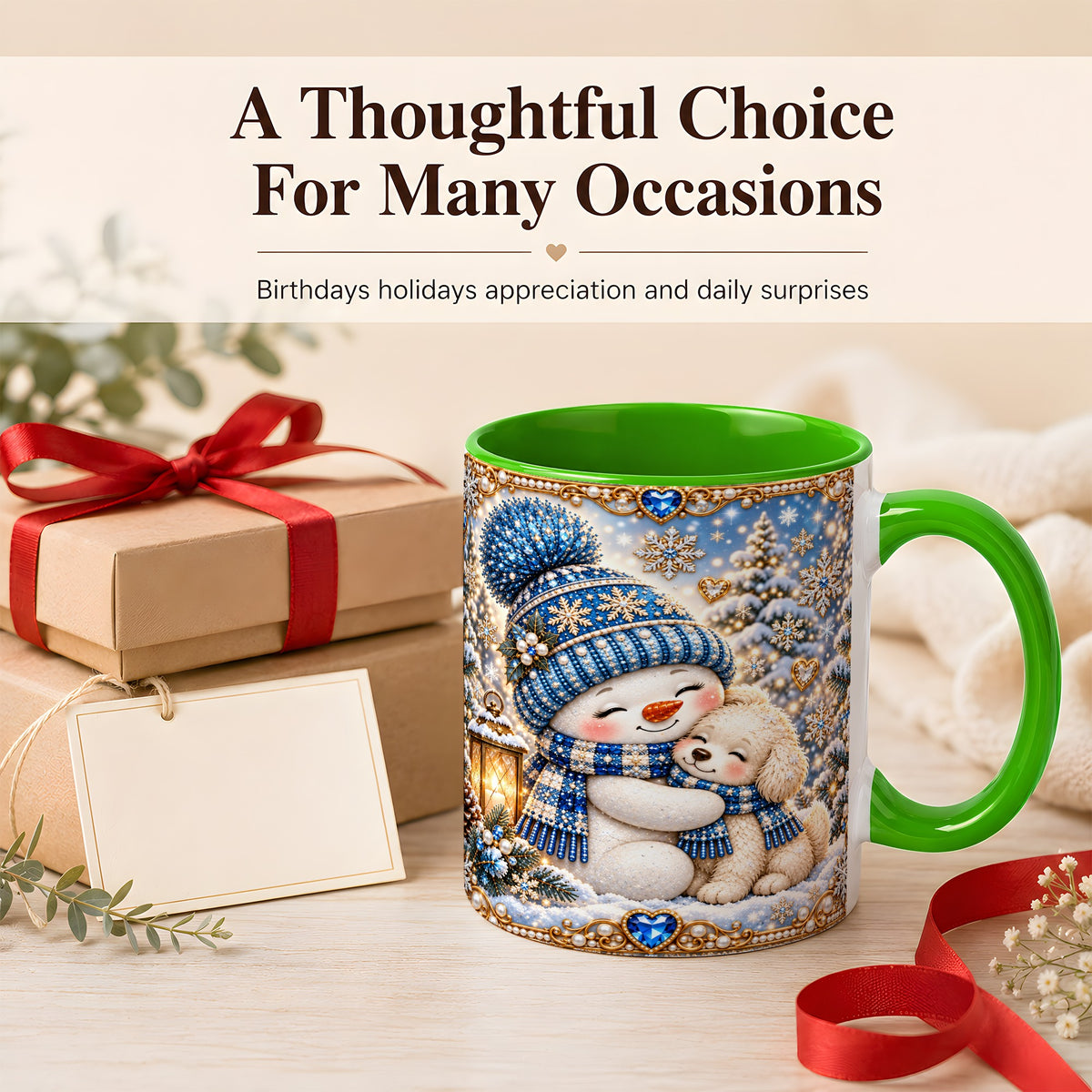 #pl[11oz|Green] Blue Snowman Dog Coffee Mug, Winter Mug, Ceramic Cup