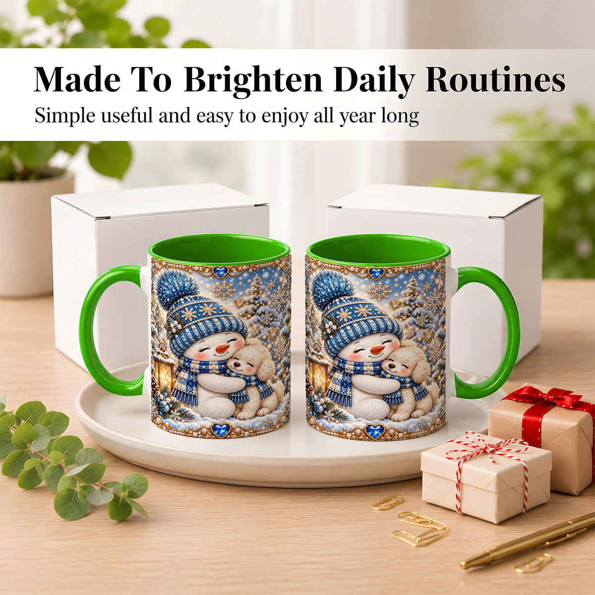 #pl[11oz|Green] Blue Snowman Dog Coffee Mug, Winter Mug, Ceramic Cup