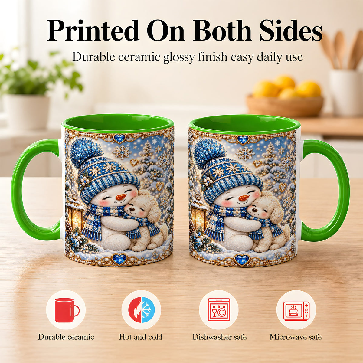 #pl[11oz|Green] Blue Snowman Dog Coffee Mug, Winter Mug, Ceramic Cup