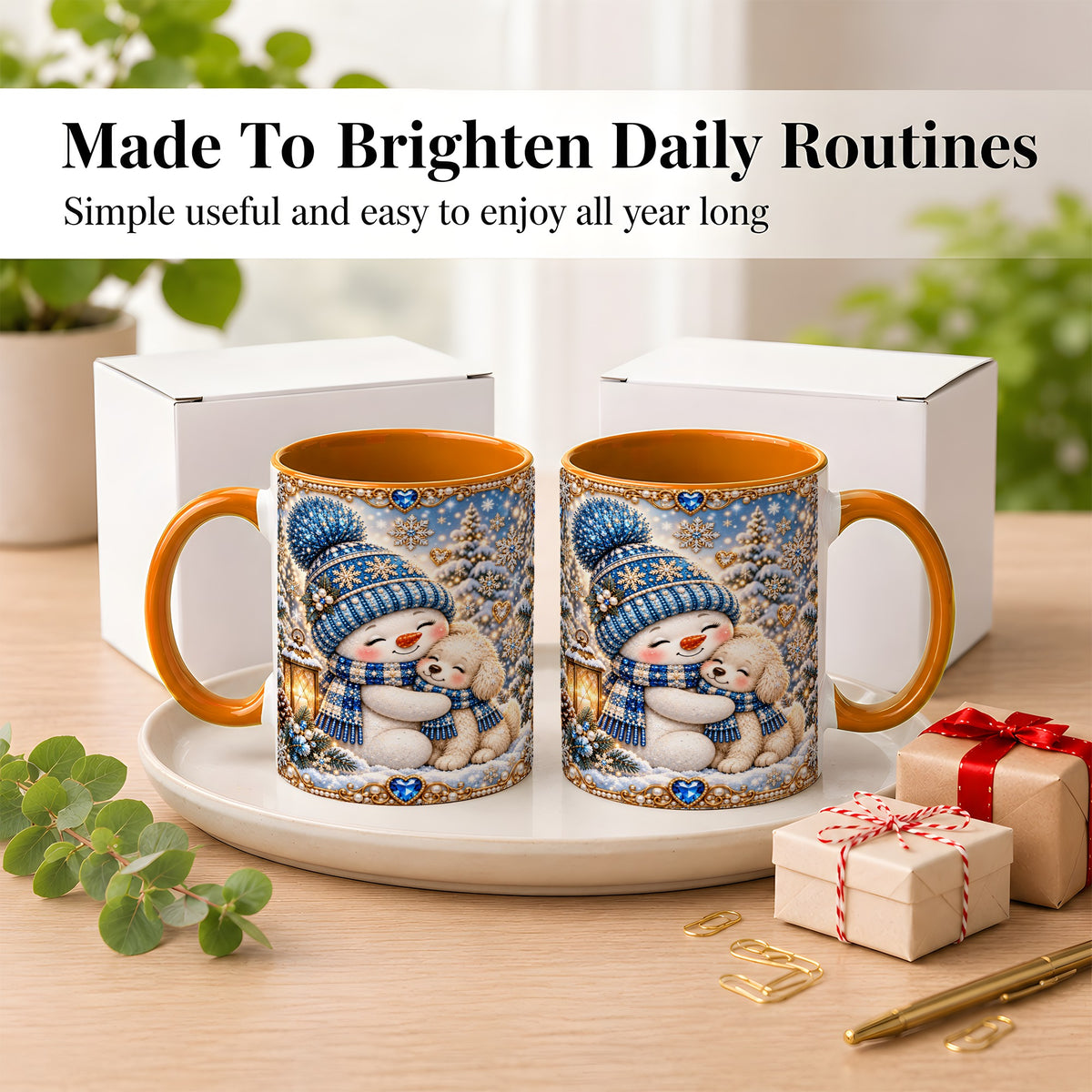 #pl[11oz|Orange] Blue Snowman Dog Coffee Mug, Winter Mug, Ceramic Cup