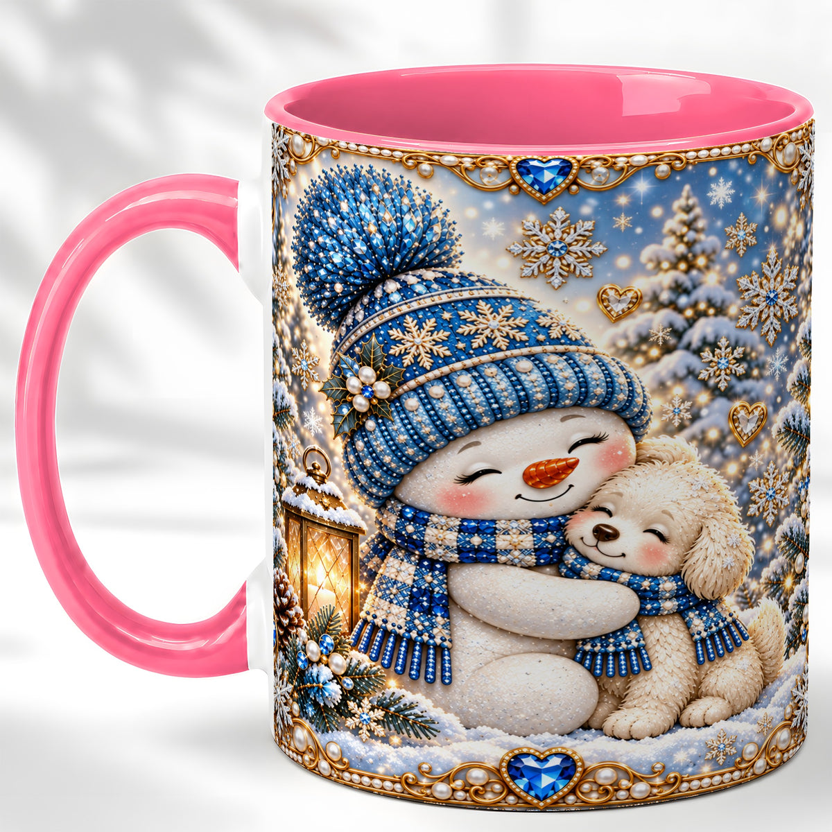 #pl[11oz|Pink] Blue Snowman Dog Coffee Mug, Winter Mug, Ceramic Cup