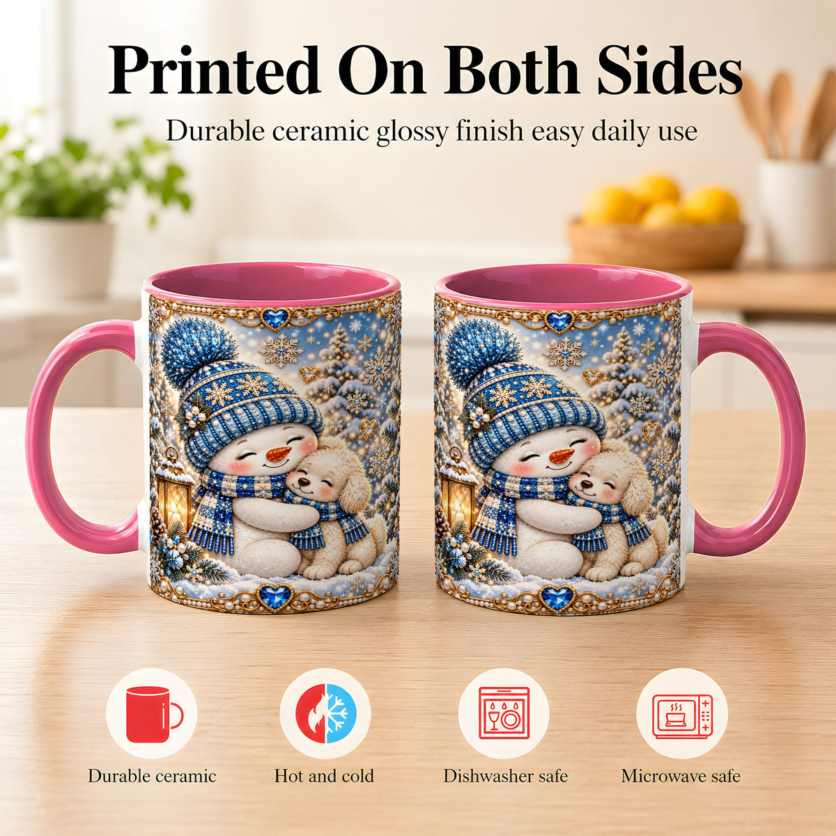 #pl[11oz|Pink] Blue Snowman Dog Coffee Mug, Winter Mug, Ceramic Cup