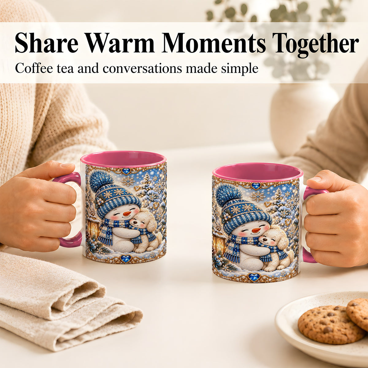 #pl[11oz|Pink] Blue Snowman Dog Coffee Mug, Winter Mug, Ceramic Cup