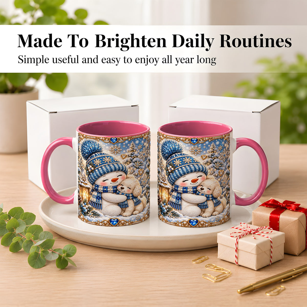#pl[11oz|Pink] Blue Snowman Dog Coffee Mug, Winter Mug, Ceramic Cup
