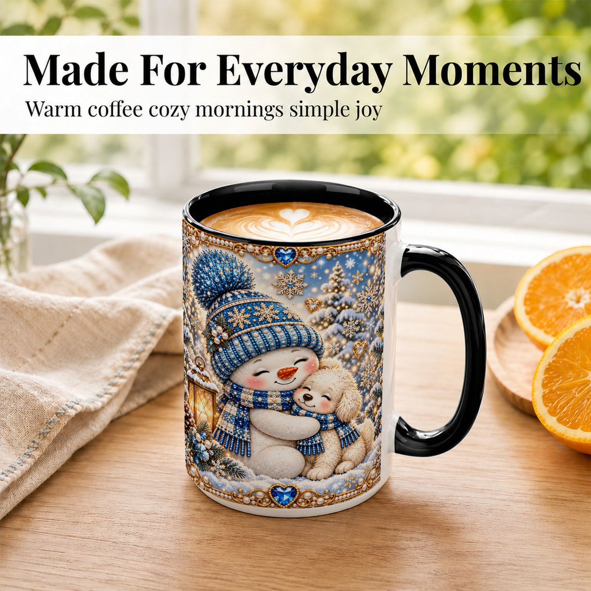 #pl[15oz|Black] Blue Snowman Dog Coffee Mug, Winter Mug, Ceramic Cup