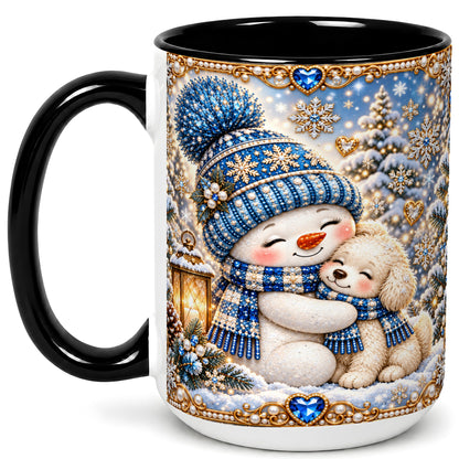 #pl[15oz|Black] Blue Snowman Dog Coffee Mug, Winter Mug, Ceramic Cup