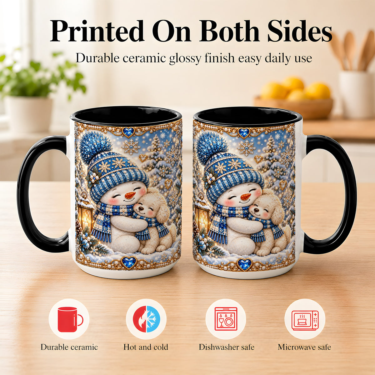 #pl[15oz|Black] Blue Snowman Dog Coffee Mug, Winter Mug, Ceramic Cup