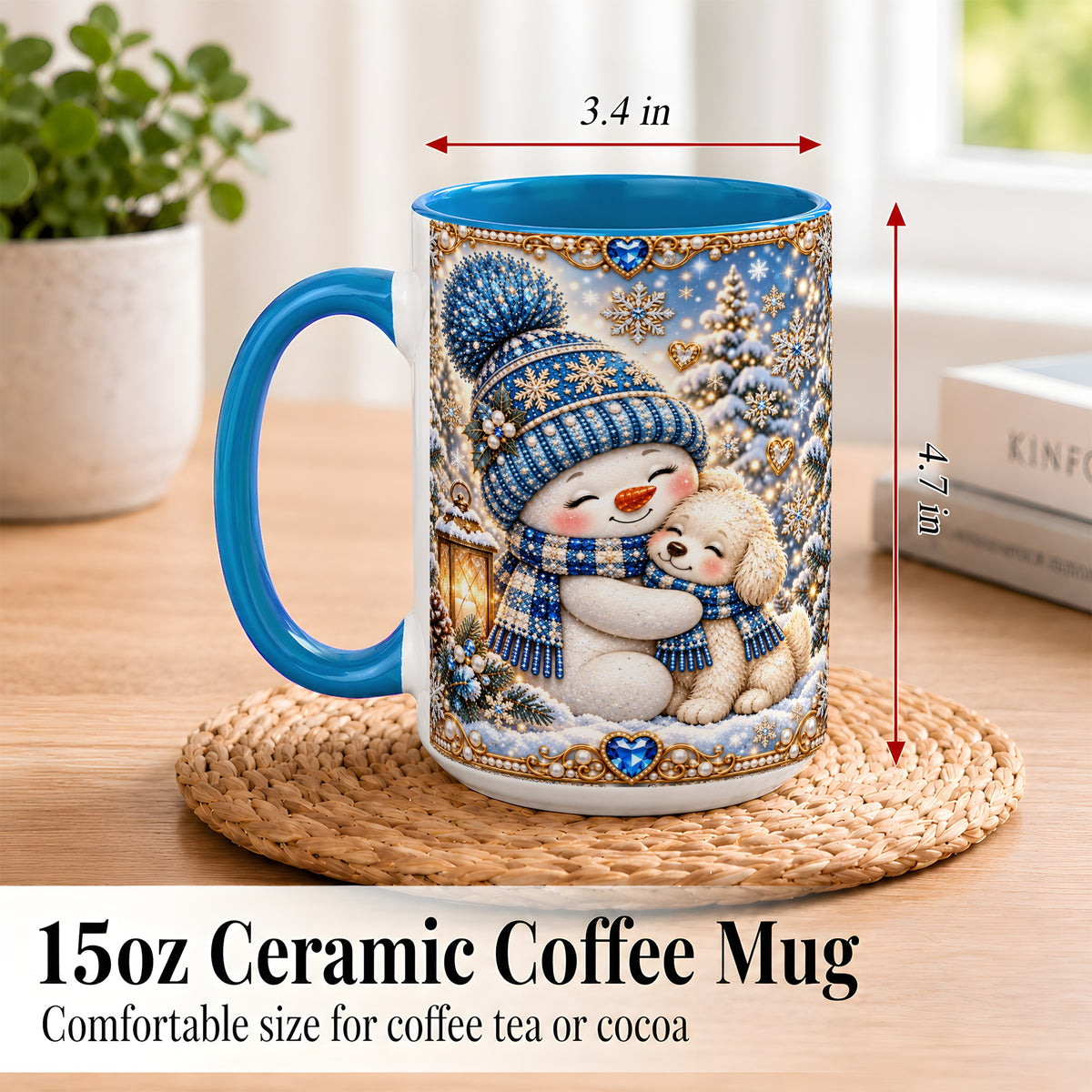 #pl[15oz|Blue] Blue Snowman Dog Coffee Mug, Winter Mug, Ceramic Cup