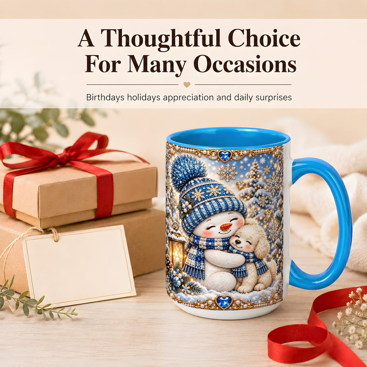 #pl[15oz|Blue] Blue Snowman Dog Coffee Mug, Winter Mug, Ceramic Cup