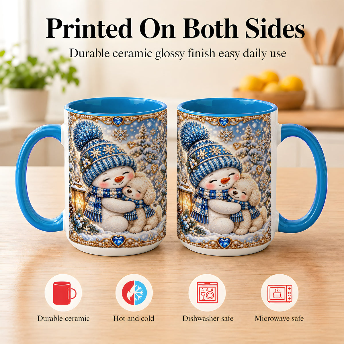 #pl[15oz|Blue] Blue Snowman Dog Coffee Mug, Winter Mug, Ceramic Cup