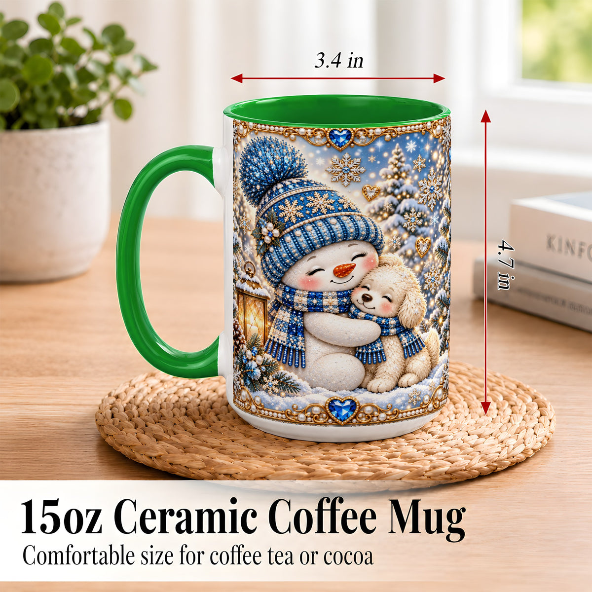 #pl[15oz|Green] Blue Snowman Dog Coffee Mug, Winter Mug, Ceramic Cup