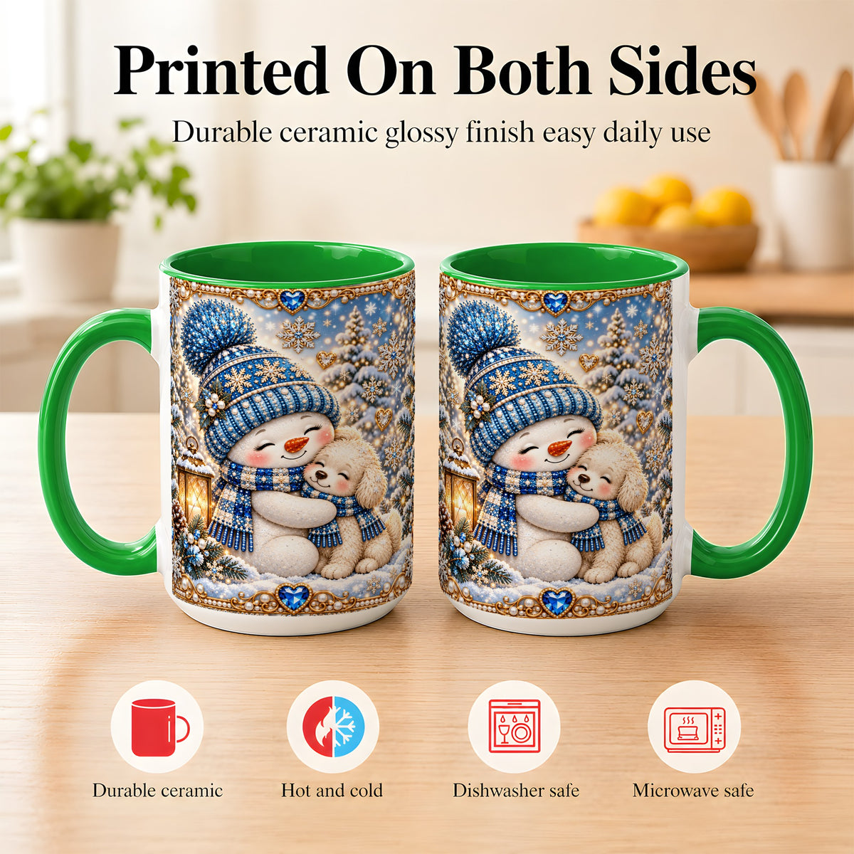 #pl[15oz|Green] Blue Snowman Dog Coffee Mug, Winter Mug, Ceramic Cup