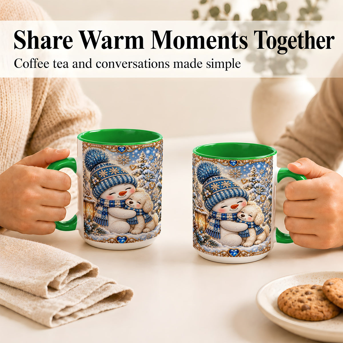 #pl[15oz|Green] Blue Snowman Dog Coffee Mug, Winter Mug, Ceramic Cup
