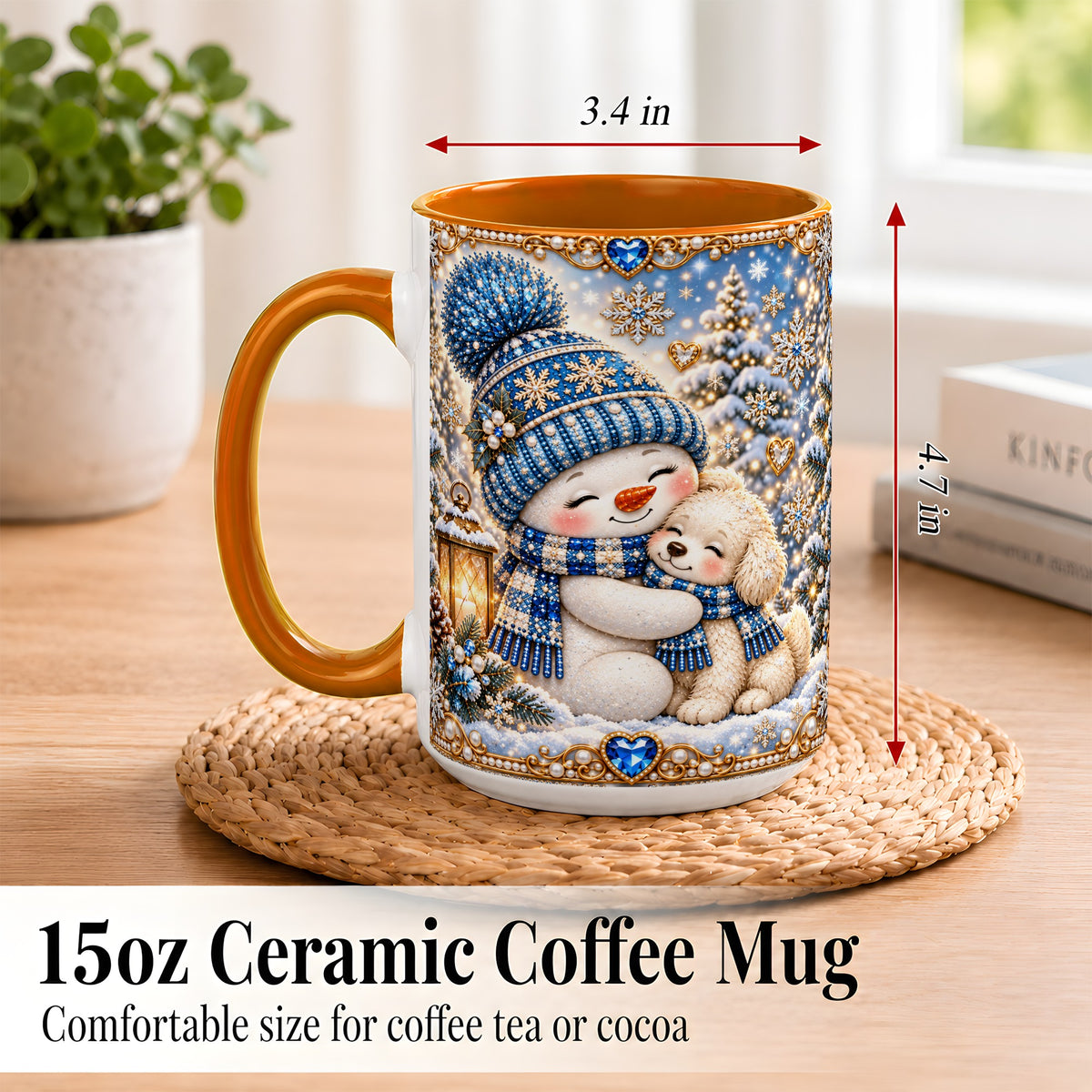 #pl[15oz|Orange] Blue Snowman Dog Coffee Mug, Winter Mug, Ceramic Cup