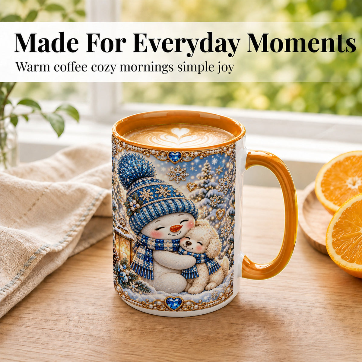 #pl[15oz|Orange] Blue Snowman Dog Coffee Mug, Winter Mug, Ceramic Cup