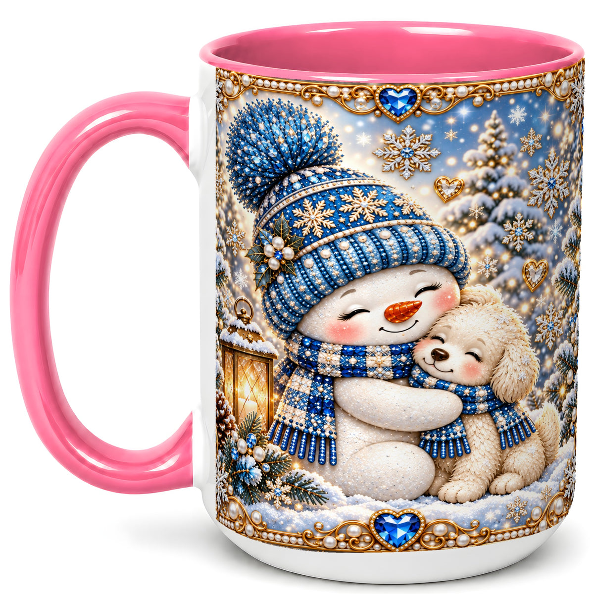 #pl[15oz|Pink] Blue Snowman Dog Coffee Mug, Winter Mug, Ceramic Cup