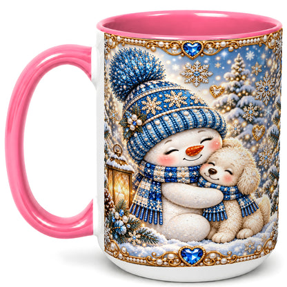 #pl[15oz|Pink] Blue Snowman Dog Coffee Mug, Winter Mug, Ceramic Cup