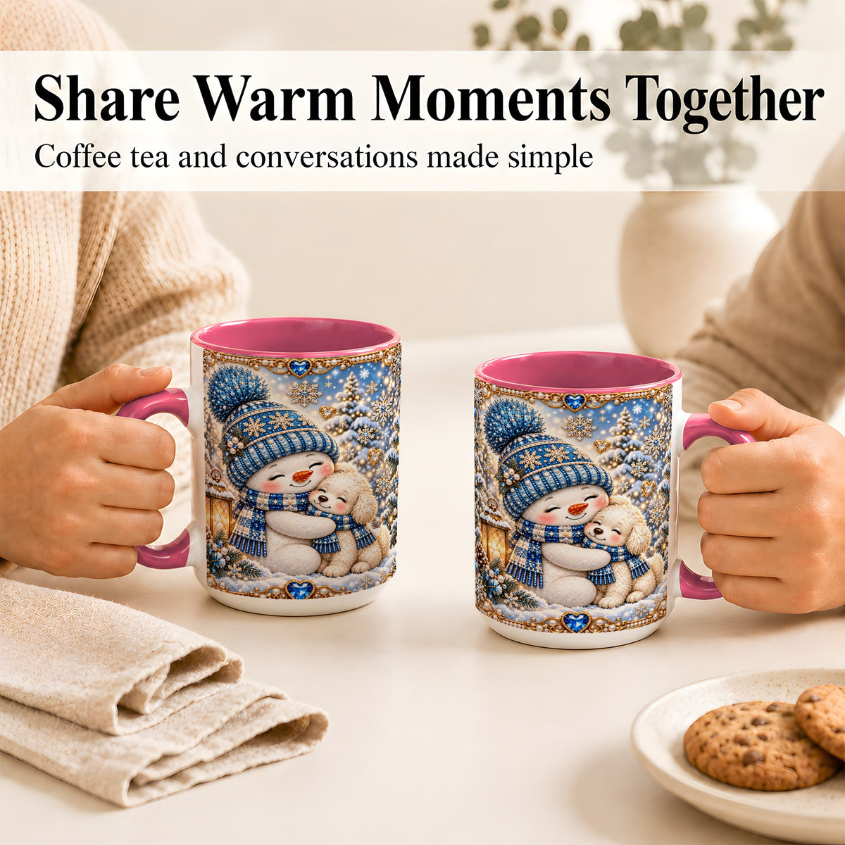 #pl[15oz|Pink] Blue Snowman Dog Coffee Mug, Winter Mug, Ceramic Cup