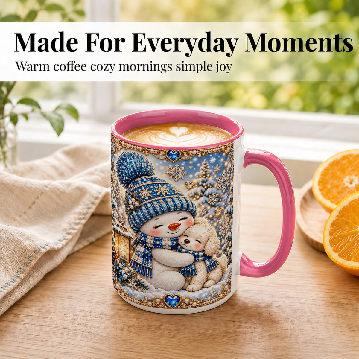 #pl[15oz|Pink] Blue Snowman Dog Coffee Mug, Winter Mug, Ceramic Cup