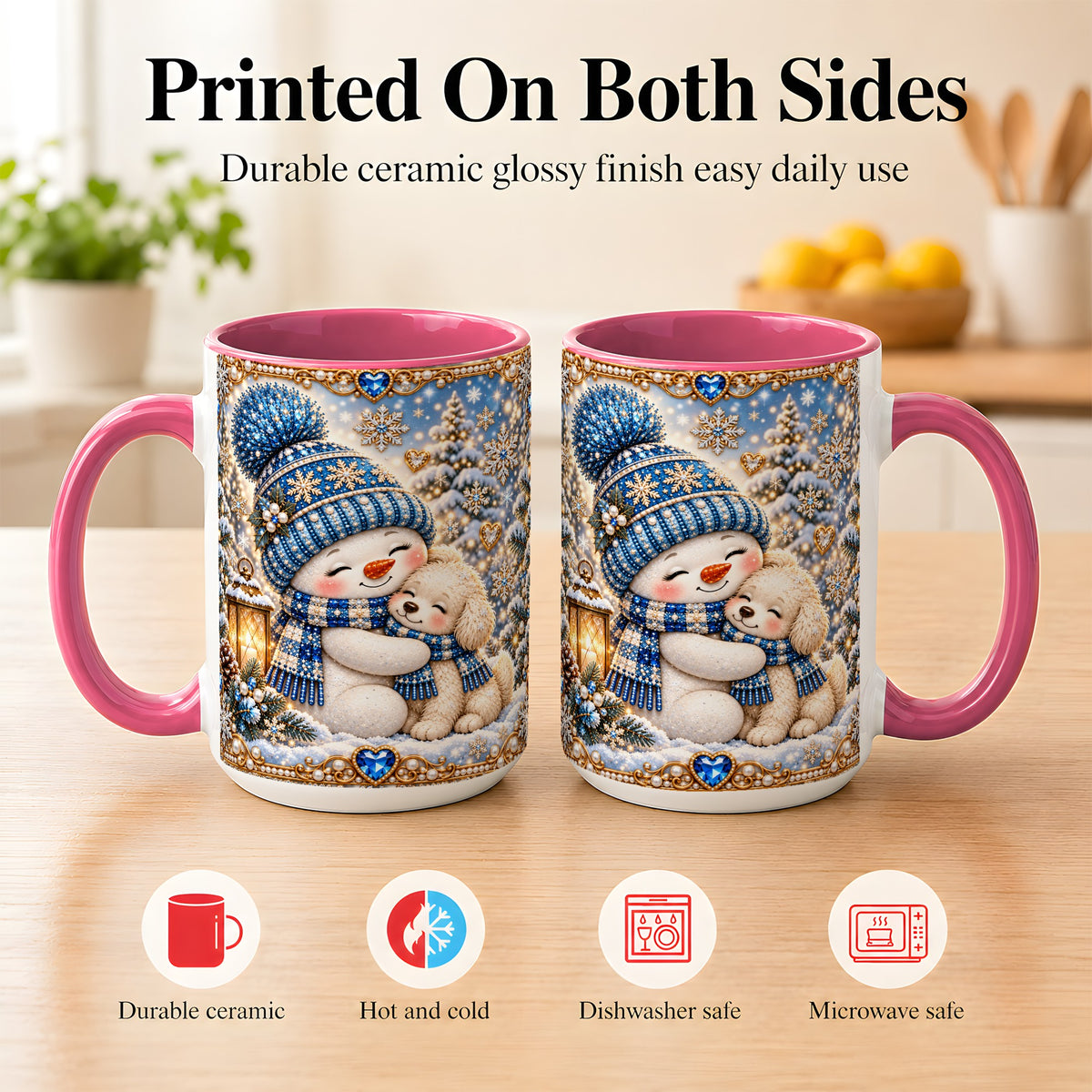 #pl[15oz|Pink] Blue Snowman Dog Coffee Mug, Winter Mug, Ceramic Cup