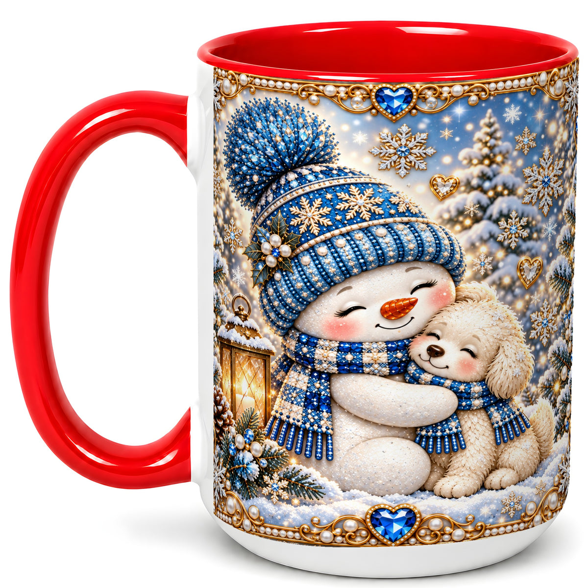 #pl[15oz|Red] Blue Snowman Dog Coffee Mug, Winter Mug, Ceramic Cup