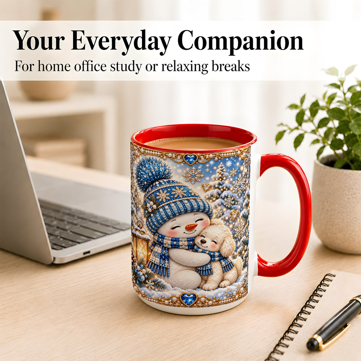 #pl[15oz|Red] Blue Snowman Dog Coffee Mug, Winter Mug, Ceramic Cup