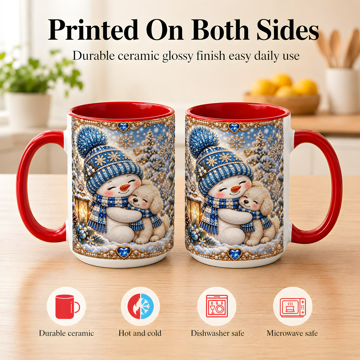 #pl[15oz|Red] Blue Snowman Dog Coffee Mug, Winter Mug, Ceramic Cup