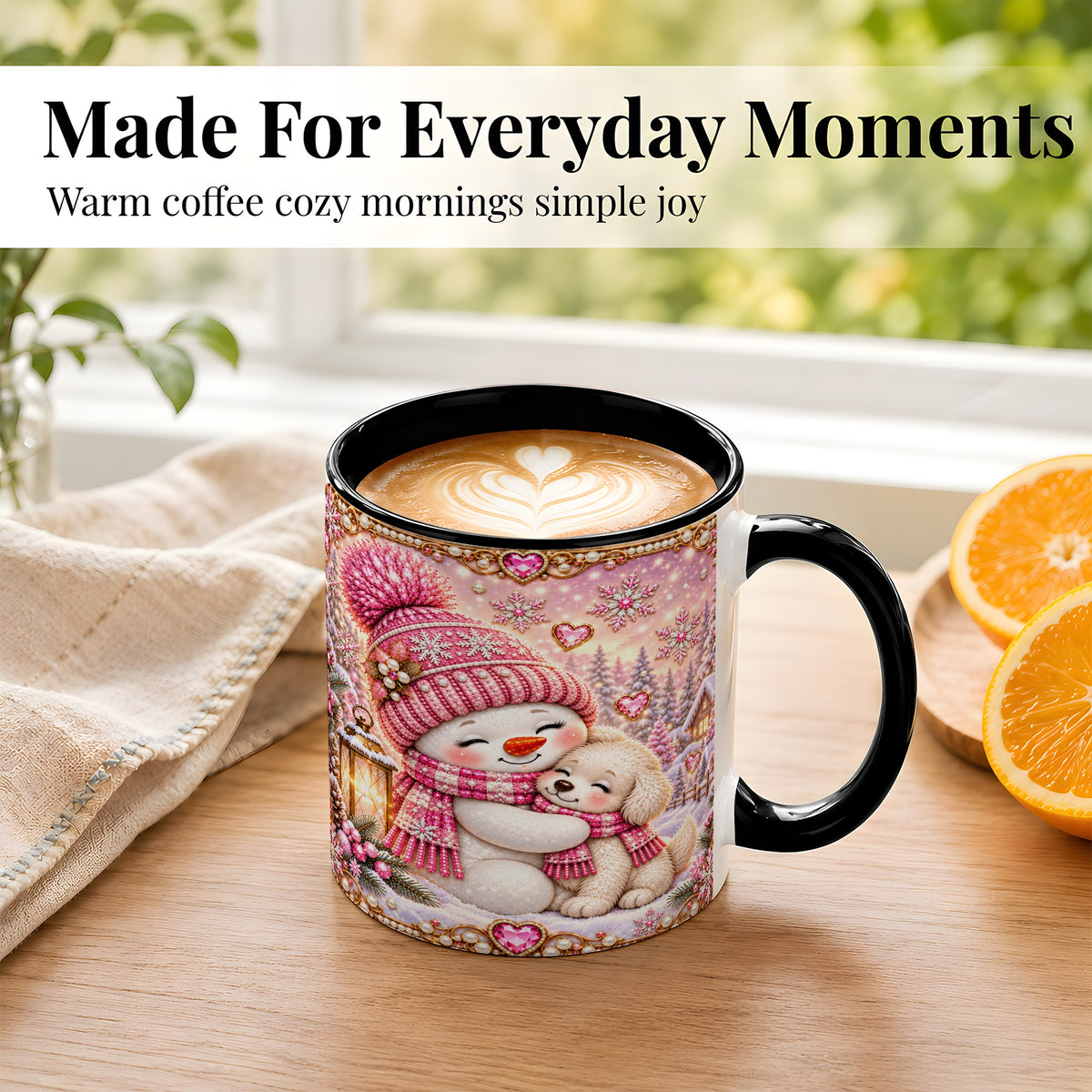 #pl[11oz|Black] Pink Snowman Dog Coffee Mug, Winter Mug, Ceramic Cup